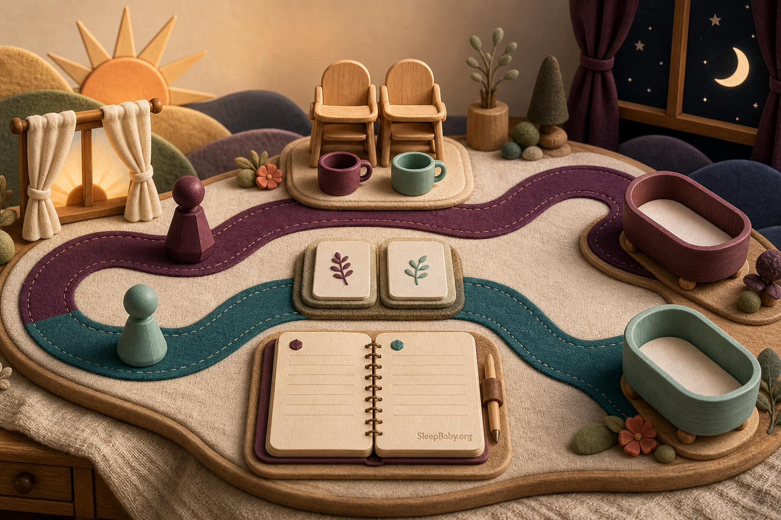 Tactile day-to-night world with plum and teal schedule paths, two distinct twin markers, shared feeding and logbook anchors, and two separate empty bassinets.