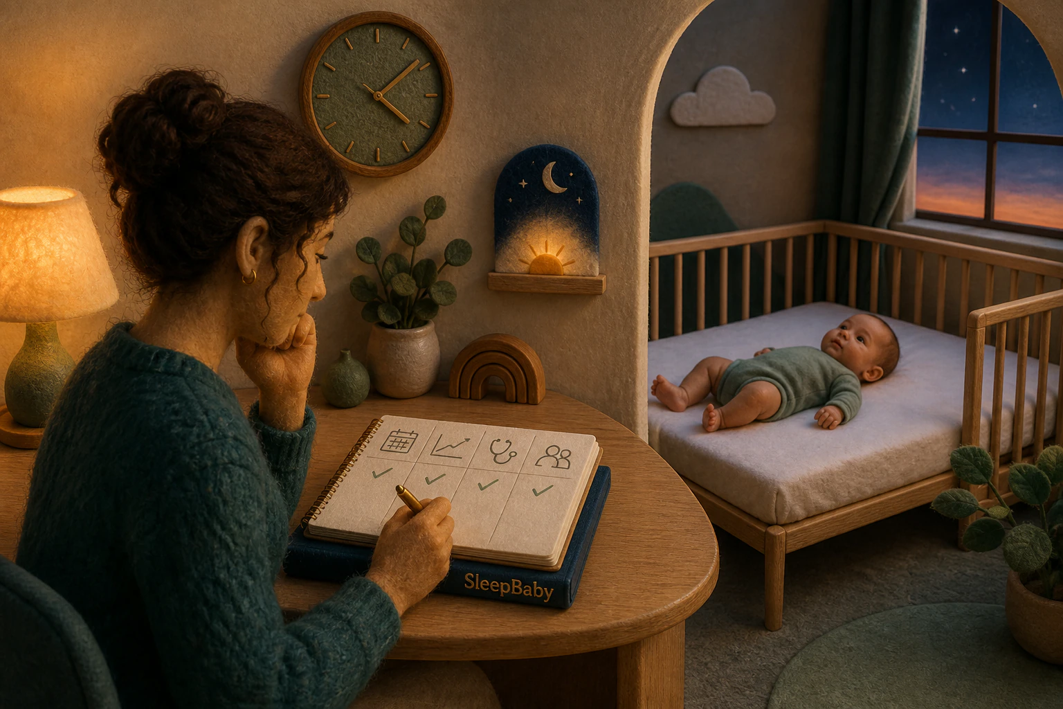 A caregiver checks four sleep-training readiness symbols while an awake baby lies safely on their back in a separate bare crib at dusk.