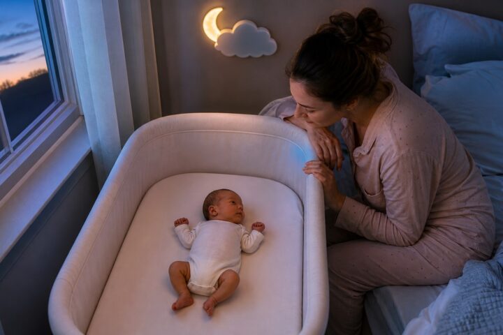 A tiny one-month-old lies awake on their back in a bare bedside bassinet while a sleepy mother watches at dawn.