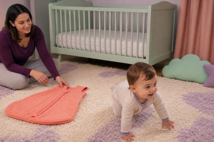 A smiling ten-month-old crawls across a lavender nursery rug while a parent holds a coral sleep sack beside an empty mint crib.