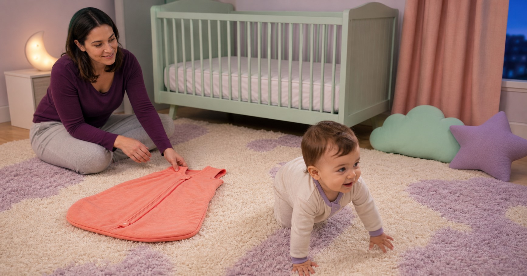 A smiling ten-month-old crawls across a lavender nursery rug while a parent holds a coral sleep sack beside an empty mint crib.