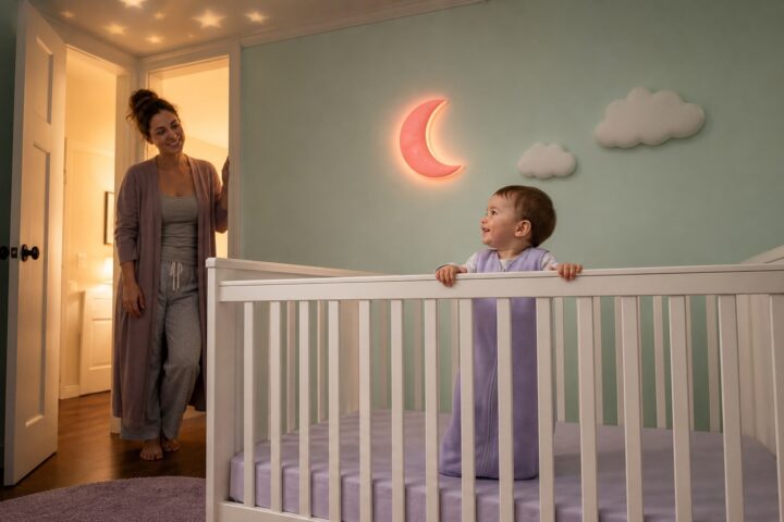 An alert eleven-month-old stands safely in a bare crib and smiles toward a mother returning calmly at bedtime.