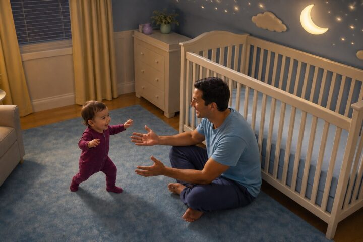 A thirteen-month-old practices first steps across a nursery rug toward a smiling father seated beside an empty crib.