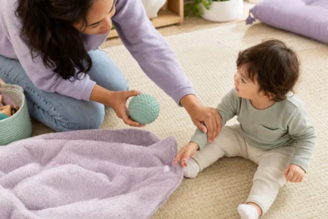 Caregiver redirects a toddler reaching for loose fuzz on a blanket with a large textured sensory ball.