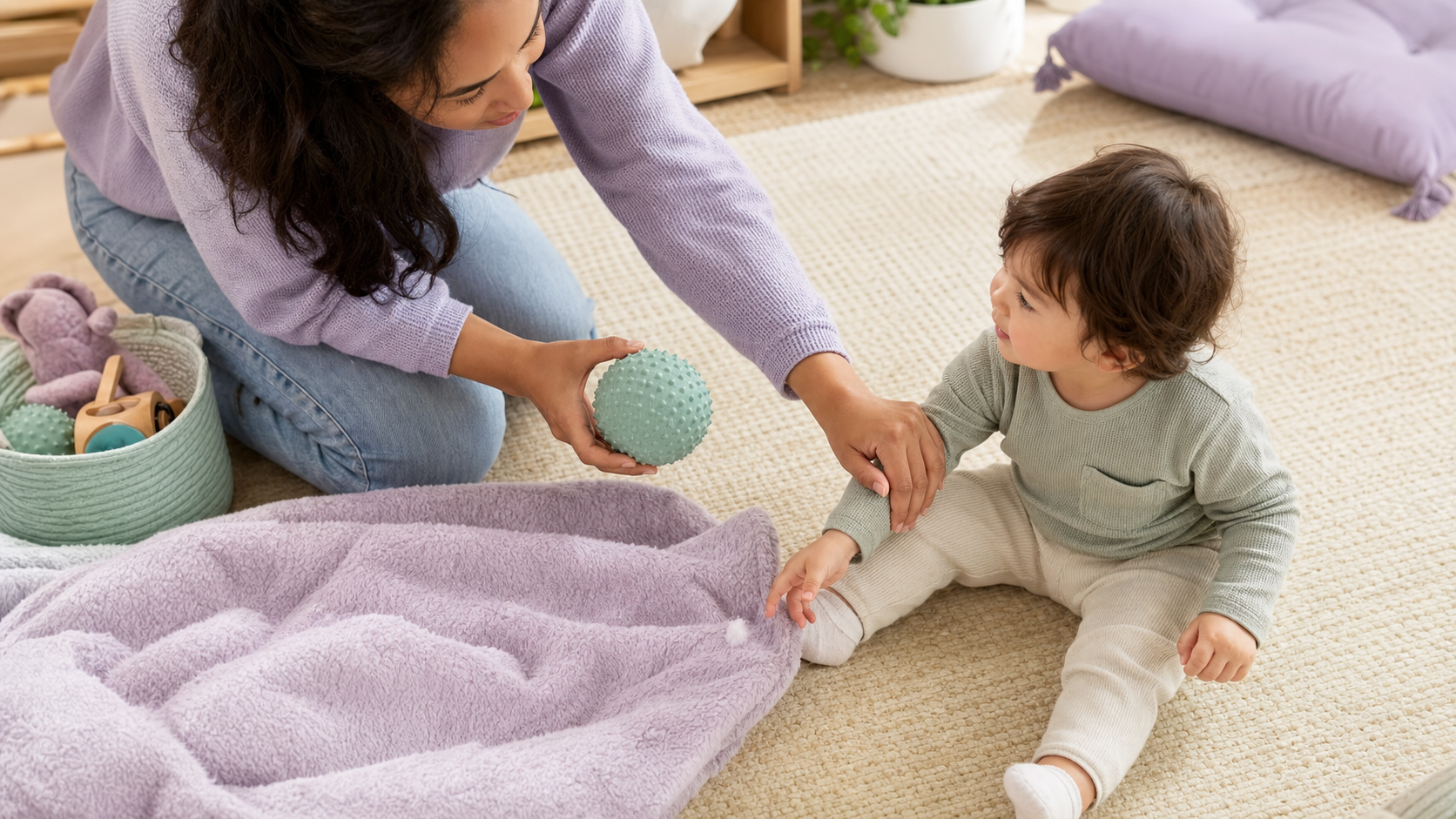 Caregiver redirects a toddler reaching for loose fuzz on a blanket with a large textured sensory ball.