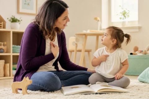 Caregiver and toddler point to themselves while sharing a picture book in a warm playroom.