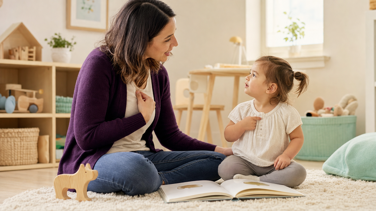 Caregiver and toddler point to themselves while sharing a picture book in a warm playroom.