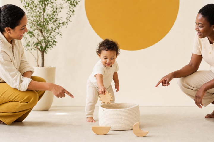 Toddler lowers a wooden sun token into a basket between two caregivers.