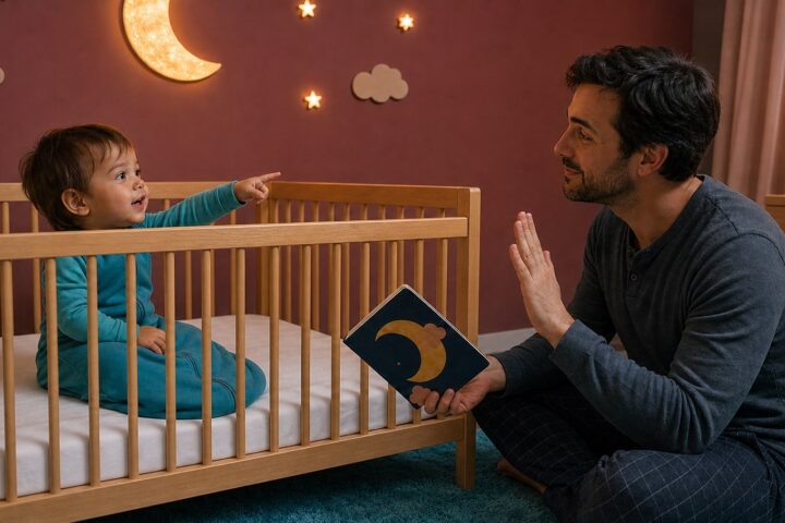 A fourteen-month-old points from a bare crib toward a closed moon book while a father gently signals that bedtime reading is done.
