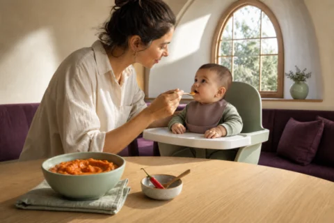 Caregiver offers orange vegetable puree to an upright baby while a chili pepper stays in an adult preparation bowl.