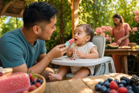 Parent offers a baby a fruit popsicle while the baby sits upright in a high chair outdoors.