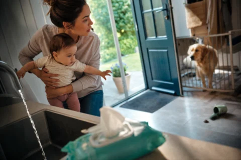 Parent carries a baby away from spilled dog waste while the family dog remains behind a safety gate.