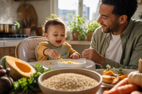 Baby explores cooked quinoa in a high chair while a parent watches closely.