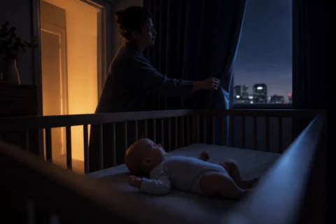 Parent closes blackout curtains while an awake baby lies in an otherwise bare crib.