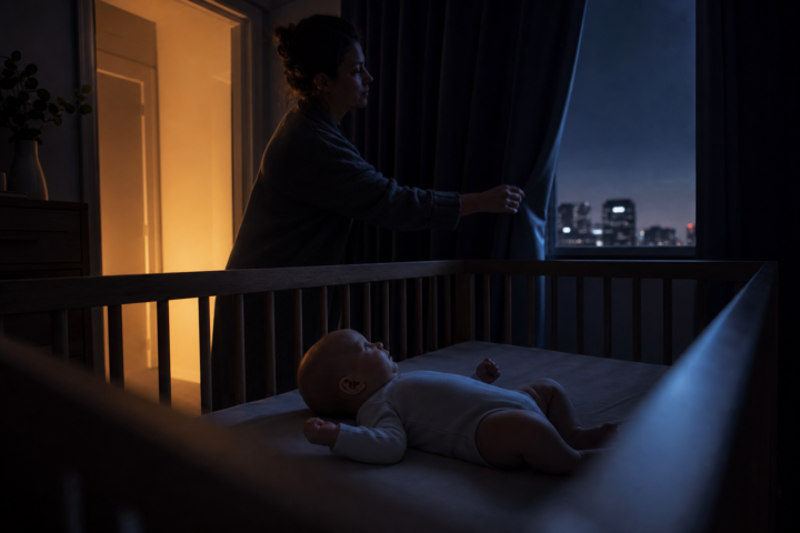 Parent closes blackout curtains while an awake baby lies in an otherwise bare crib.