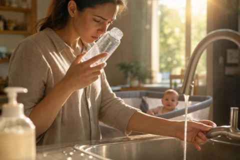 Parent smells a freshly washed baby bottle beside the sink while the baby waits safely nearby.