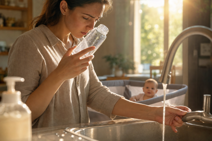 Parent smells a freshly washed baby bottle beside the sink while the baby waits safely nearby.
