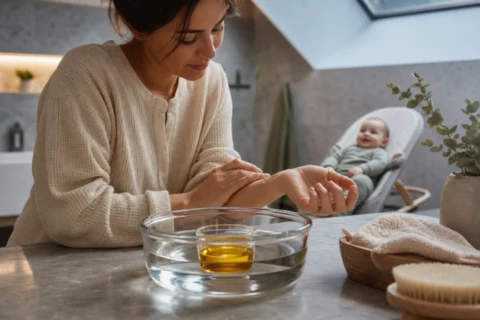 Parent tests gently warmed baby oil on the inside of their wrist while the baby rests safely nearby.