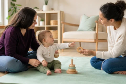 Awake baby reaches toward a wooden toy offered by a second caregiver while sitting beside a parent on a mint play mat.