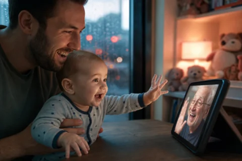 Smiling baby reaches toward a grandparent on a tablet video call while seated securely with a parent.