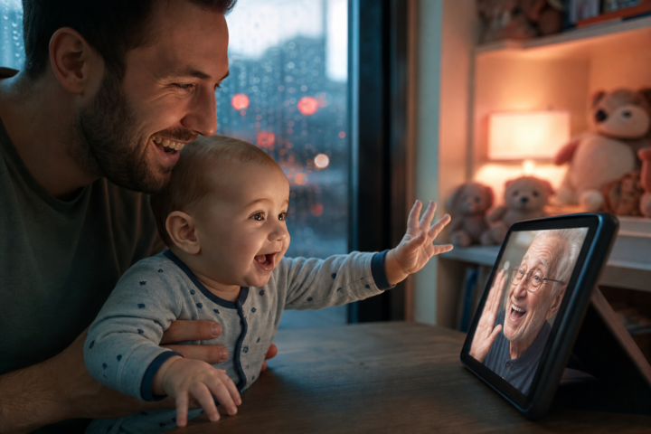 Smiling baby reaches toward a grandparent on a tablet video call while seated securely with a parent.