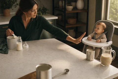Parent keeps evaporated milk separate from an infant's prepared formula during feeding preparation.
