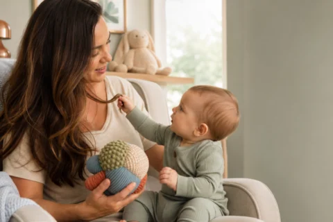 Baby reaches toward a caregiver's hair during a close, supervised interaction.