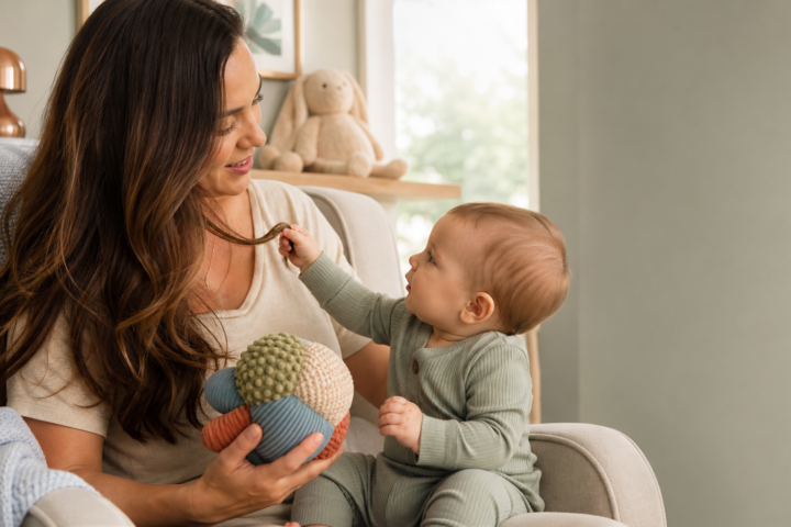 Baby reaches toward a caregiver's hair during a close, supervised interaction.