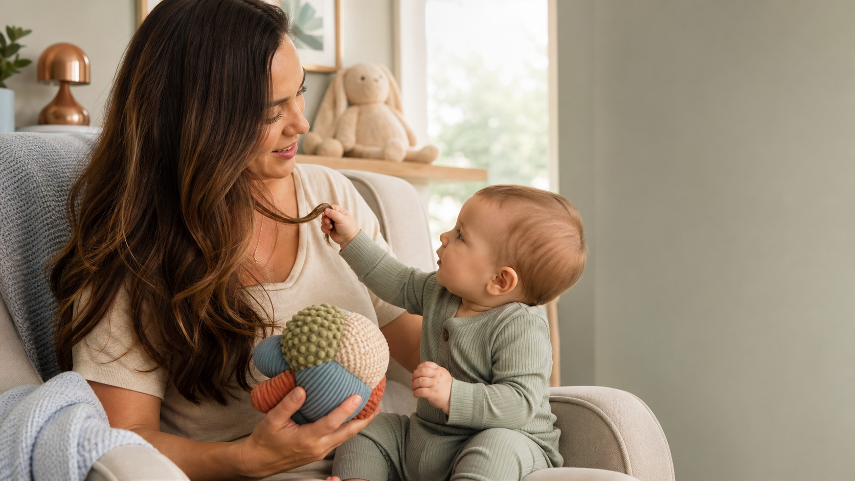 Baby reaches toward a caregiver's hair during a close, supervised interaction.