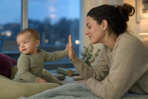 Baby turns away from a kiss and offers a high five to a smiling parent.
