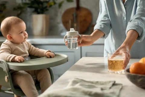Caregiver offers water in a handled cup to a baby seated upright while moving a glass of ginger ale aside.