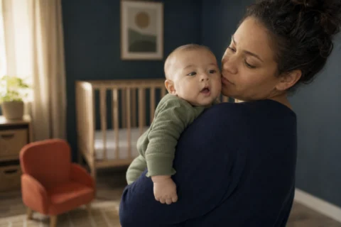 Parent holds an alert baby who is vocalizing in a calm nursery.