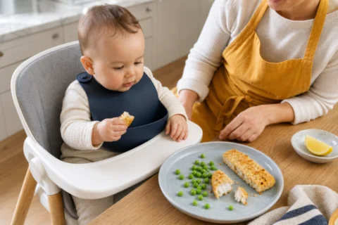 Baby holds a soft piece of fish stick while a caregiver supervises from beside the high chair.