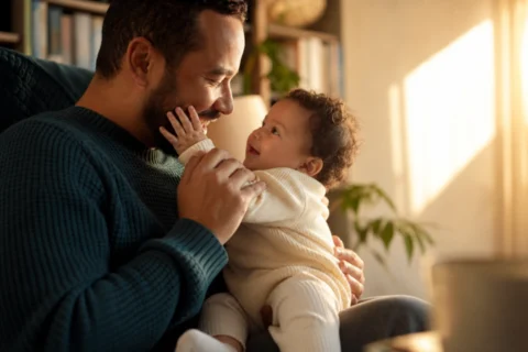 Smiling baby reaches up to touch a parent's face while being held securely.