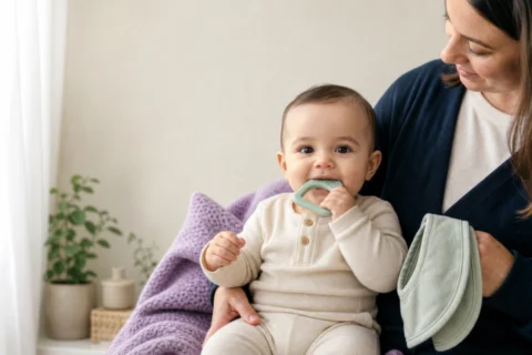 Baby chews a silicone teether while a caregiver holds two clean, dry bibs.