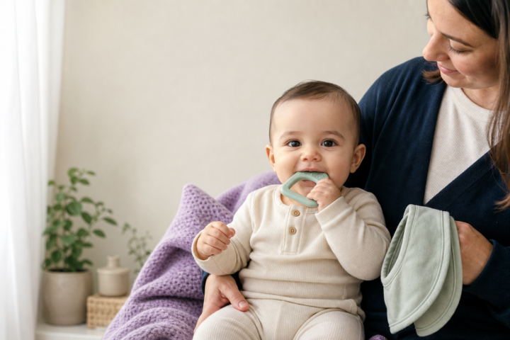 Baby chews a silicone teether while a caregiver holds two clean, dry bibs.