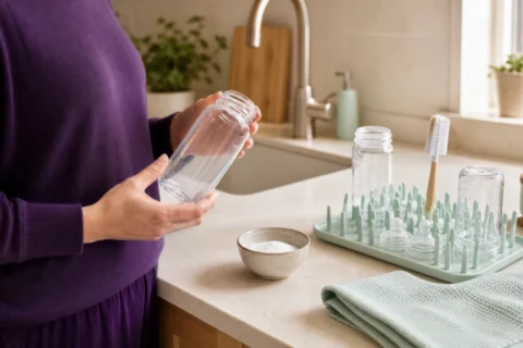 Caregiver inspecting a clean baby bottle beside a mint drying rack and bottle brush.