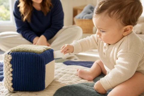 Seated baby pulls a fabric tag on a soft activity cube while a caregiver watches nearby.