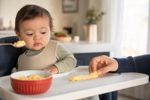 Baby turns away as a caregiver offers scrambled egg at a kitchen high chair.