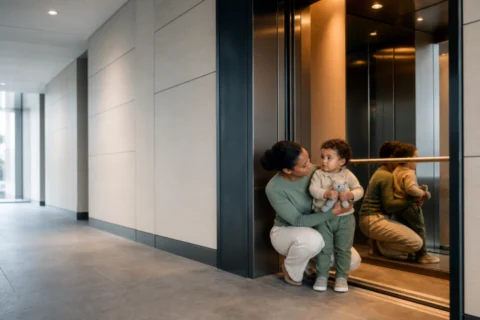 Caregiver crouches reassuringly beside a toddler holding a toy at an open elevator.
