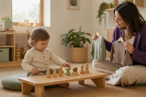 Toddler arranging wooden toys while a caregiver patiently offers two clothing choices in a warm playroom.