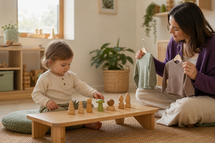 Toddler arranging wooden toys while a caregiver patiently offers two clothing choices in a warm playroom.