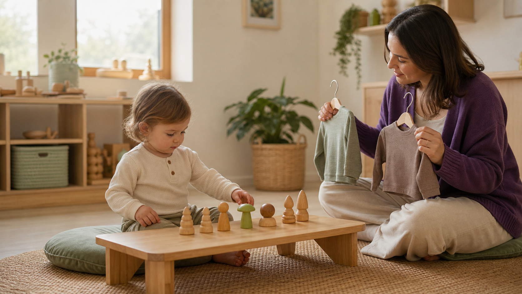 Toddler arranging wooden toys while a caregiver patiently offers two clothing choices in a warm playroom.