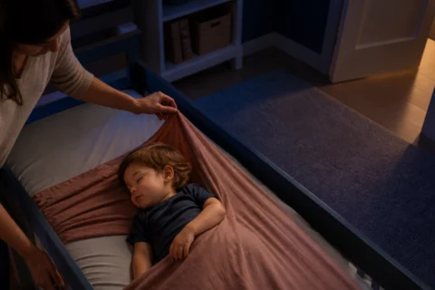 Caregiver gently pulls a sheet away from a sleeping toddler's uncovered face.