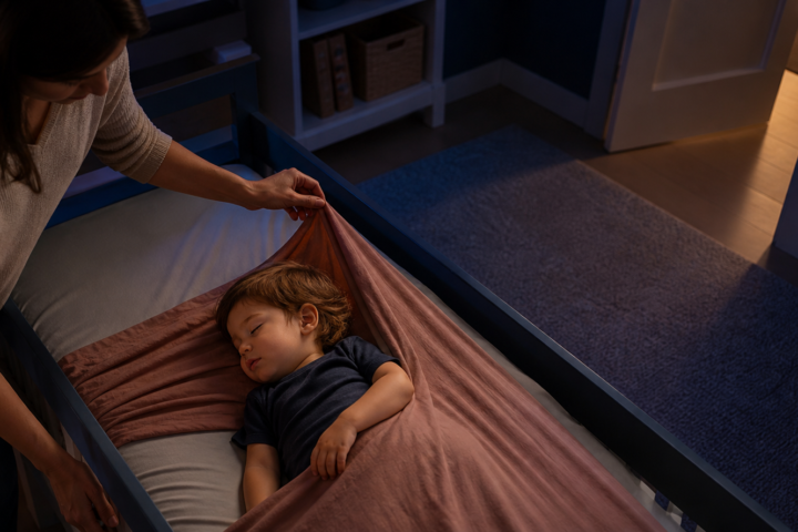 Caregiver gently pulls a sheet away from a sleeping toddler's uncovered face.