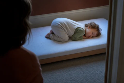 Caregiver watches a toddler sleeping curled forward on a low floor bed.