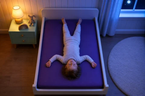A toddler sleeps with feet at the headboard and head at the foot of a purple-sheeted bed.