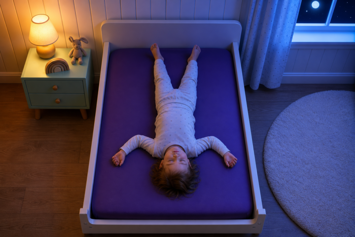 A toddler sleeps with feet at the headboard and head at the foot of a purple-sheeted bed.