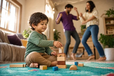 A toddler calmly builds with wooden blocks while two caregivers dance in the background.