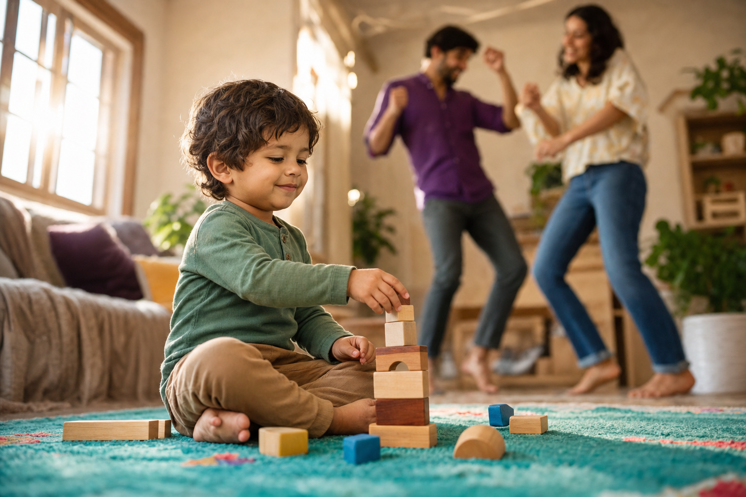 A toddler calmly builds with wooden blocks while two caregivers dance in the background.